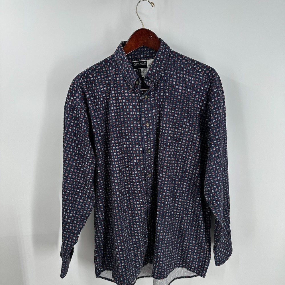 Vintage Alexander Martin Geometric All Over Print Button‎ Down Shirt Blue Size L